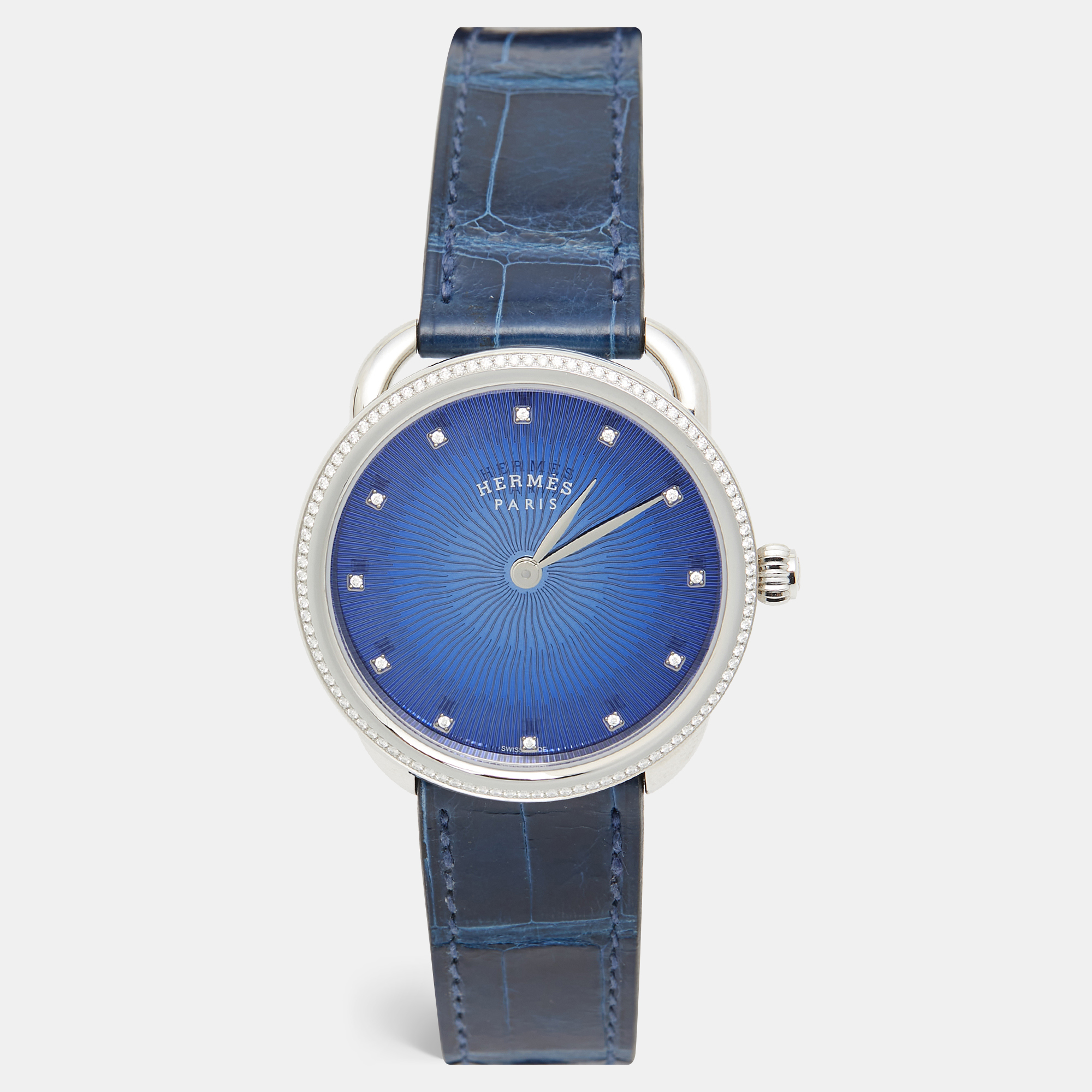 

Hermes Blue Diamond Stainless Steel Alligator Arceau Soleil AR5.330 Women's Wristwatch