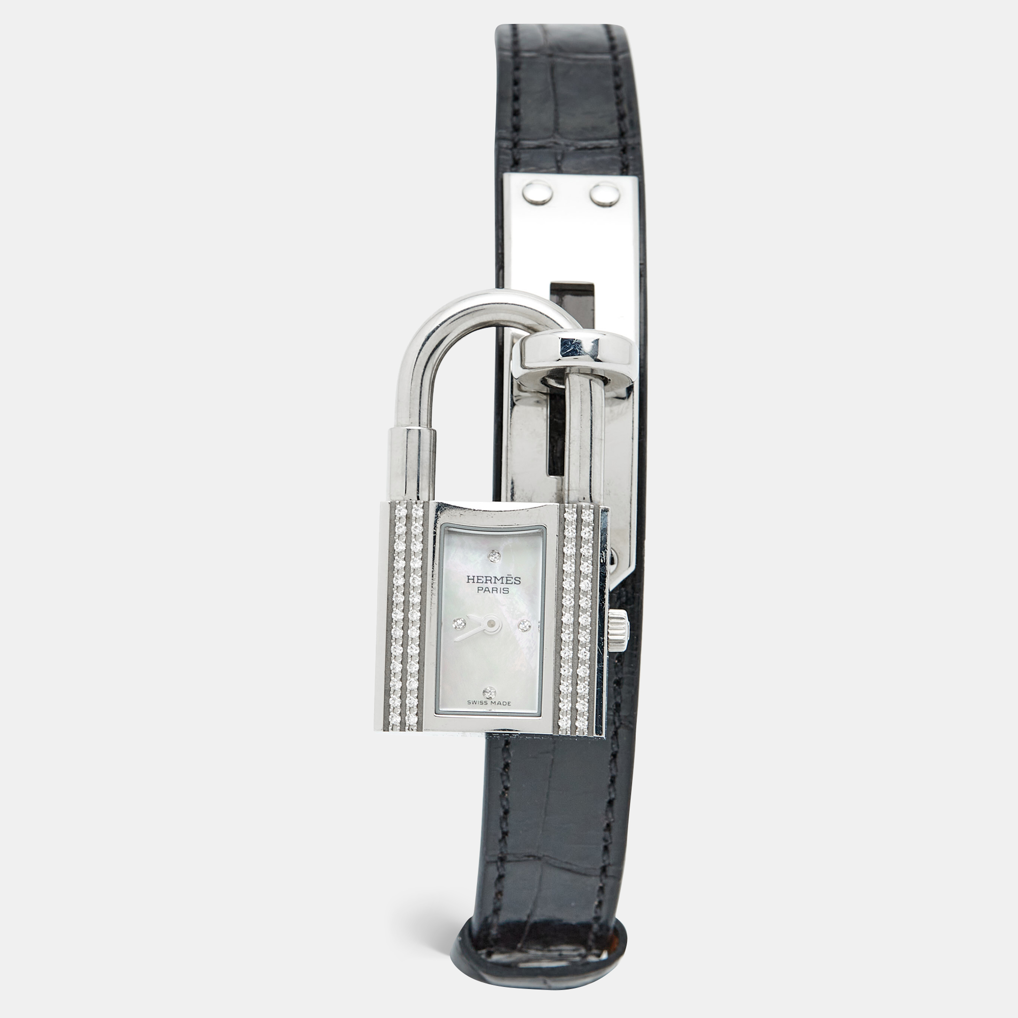 

Hermès Mother of Pearl Stainless Steel Alligator Kelly KE1.231 Women's Wristwatch, White