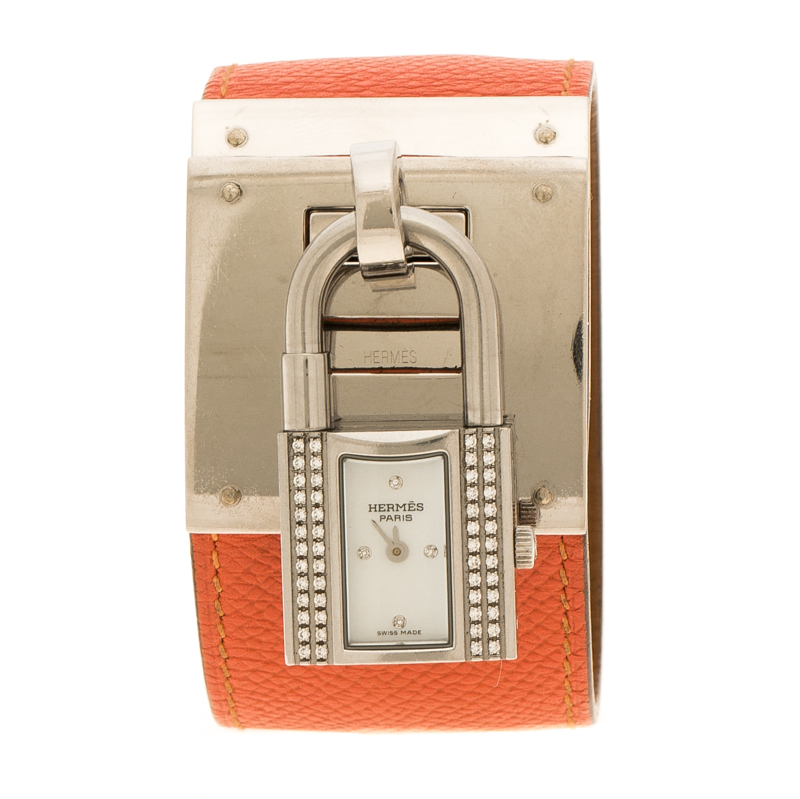 Pre Owned Hermes White Mother of Pearl Stainless Steel and Diamond Kelly Women's Wristwatch 20 mm