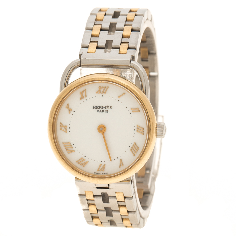 Hermes White 18K Yellow Gold Plated And Stainless Steel Arceau Women's Wristwatch 25 mm