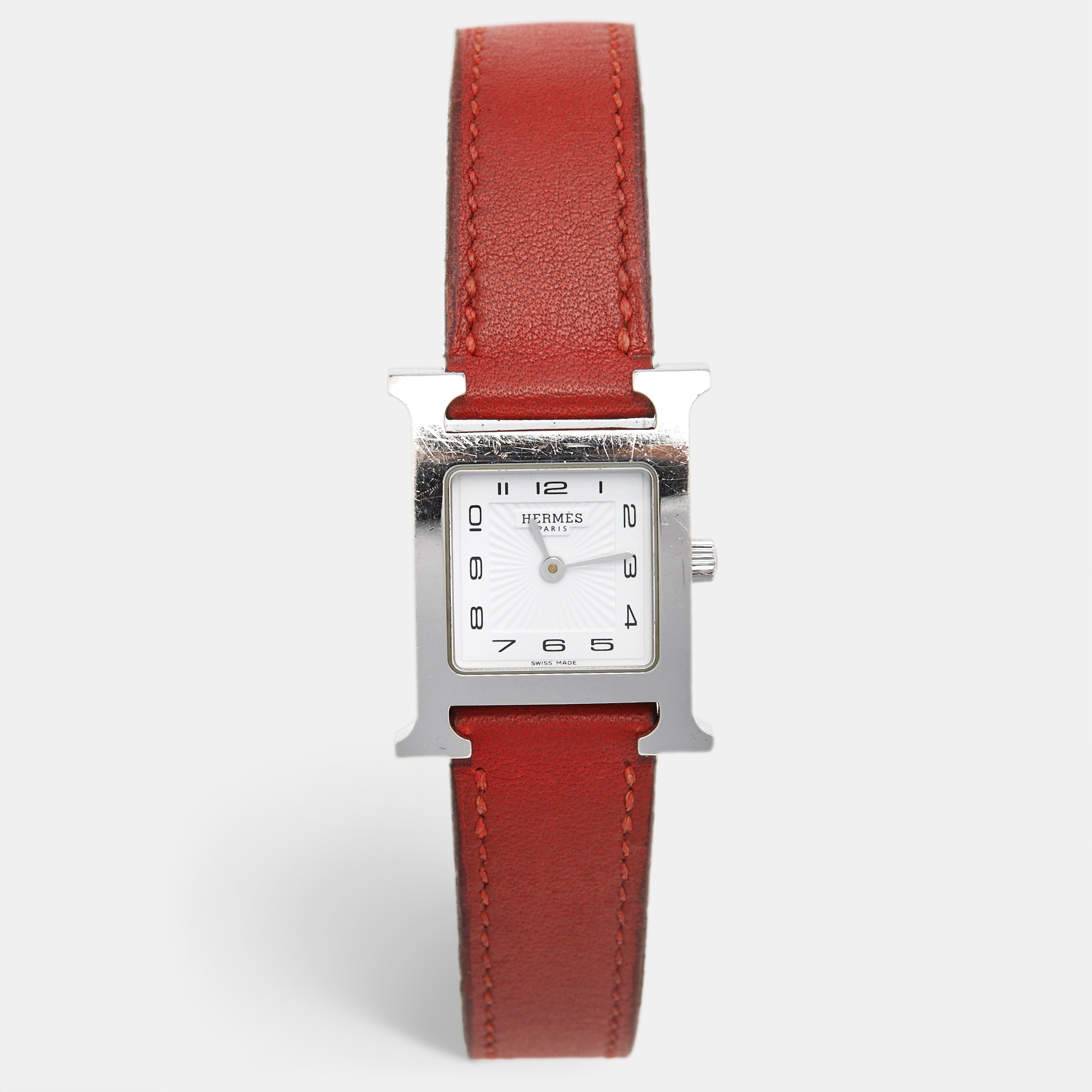 

Hermes White Stainless Steel Leather Heure H HH1.210 Women's Wristwatch, Red