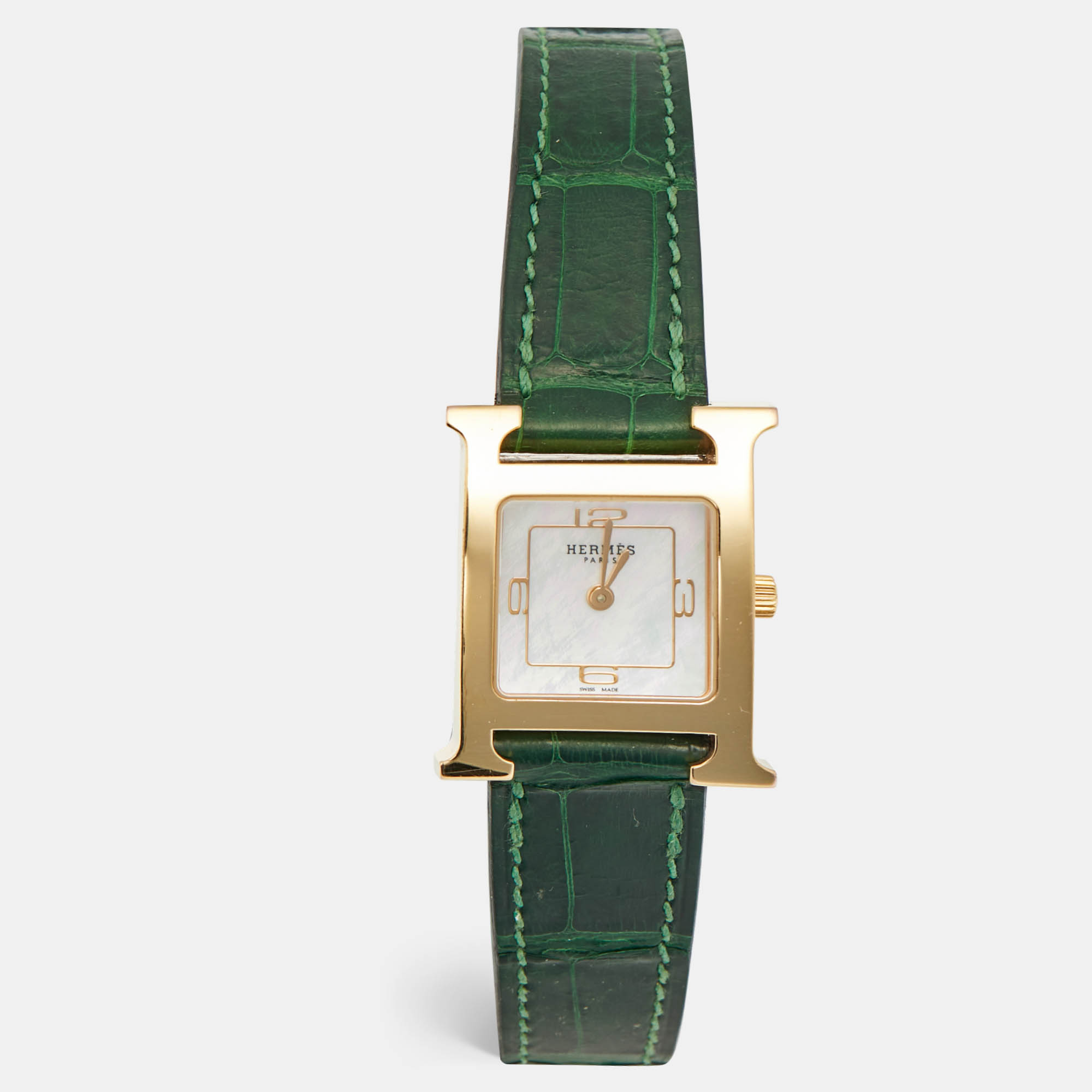 

Hermes Heure H HH1.202C Mother Of Pearl DIal Gold Plated Stainless Steel Alligator Leather Women's Wristwatch, Green