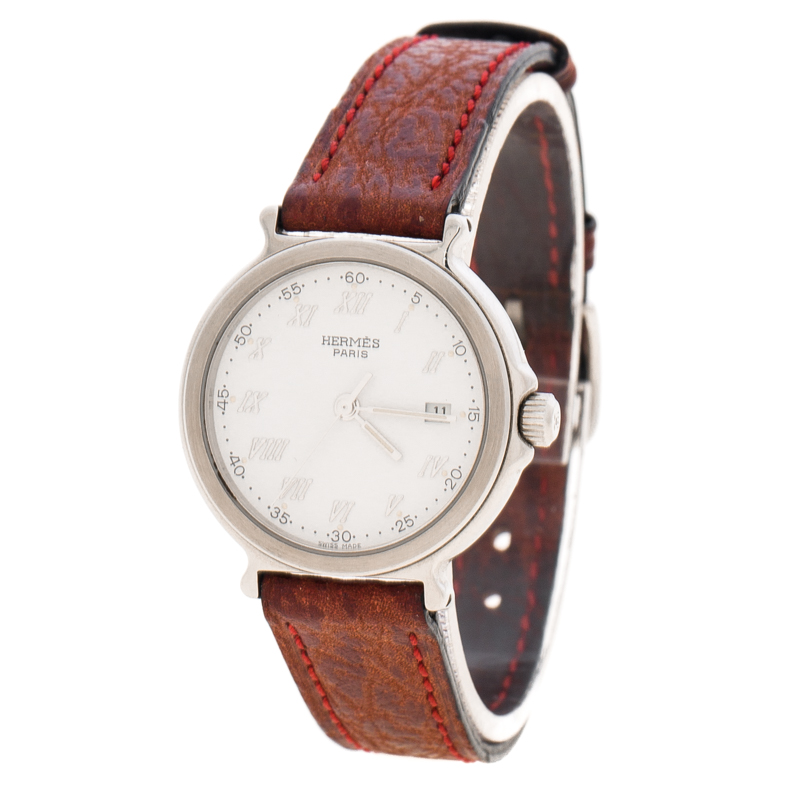 Pre Owned Hermes White Stainless Steel Leather Women's Wristwatch 27MM