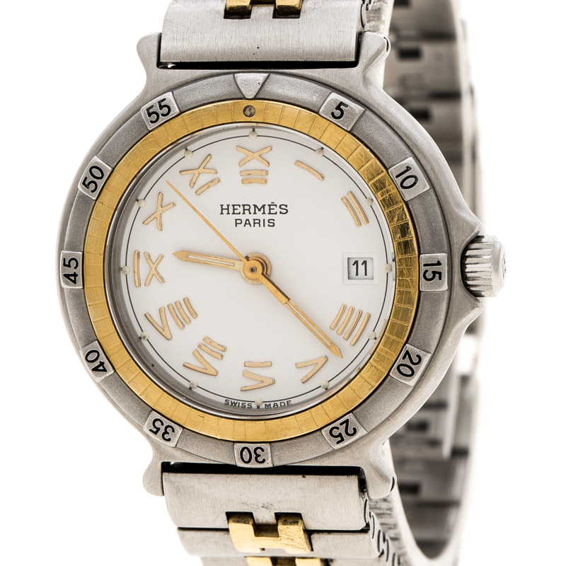 Hermes White Stainless Steel And Gold Tone Captain Nemo Women's Wristwatch  27 mm