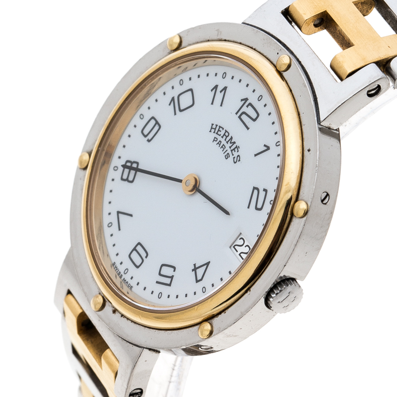 

Hermes White Gold Plated Stainless Steel Clipper Women's Wristwatch, Silver