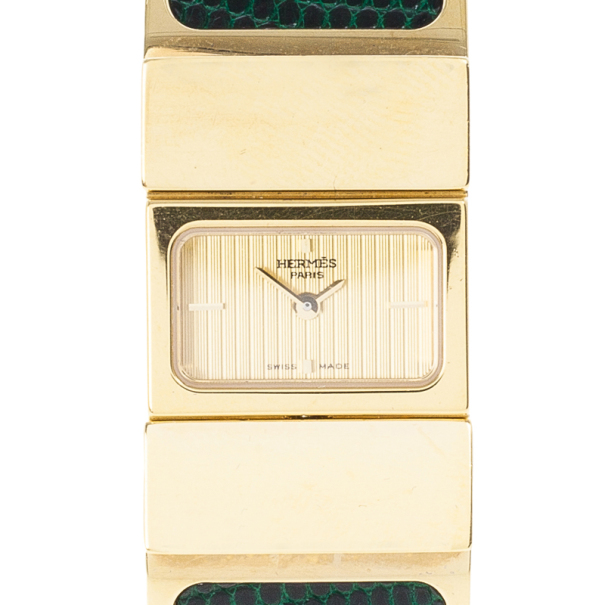 Hermes Gold Stainless Steel Green Loquet Bangle Women’s Wristwatch 20MM