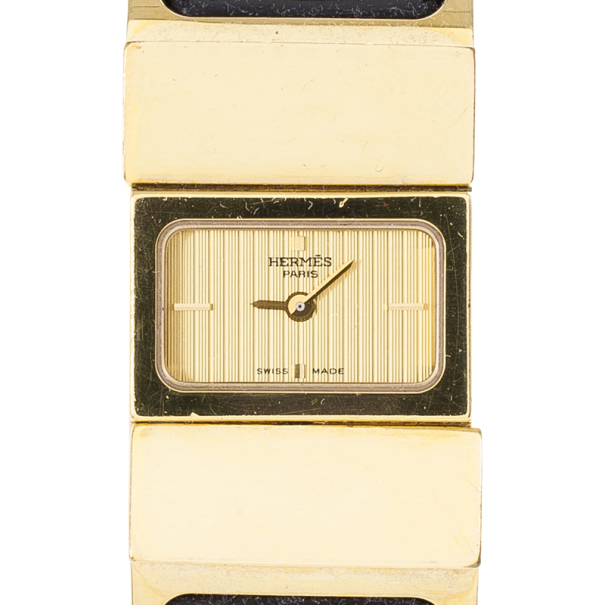 Pre Owned Hermes Gold Stainless Steel Black Loquet Bangle Women's Wristwatch 20MM
