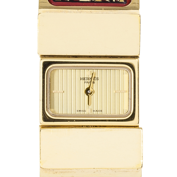 مملوكة مسبقًا Hermes Gold Stainless Steel Red Loquet Bangle Women's Wristwatch 20MM