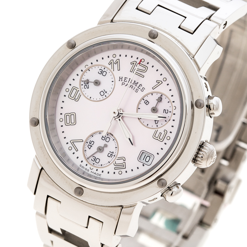 

Hermes Pink Mother of Pearl Stainless Steel Clipper Chronograph CL1.310 Women's Wristwatch, Silver