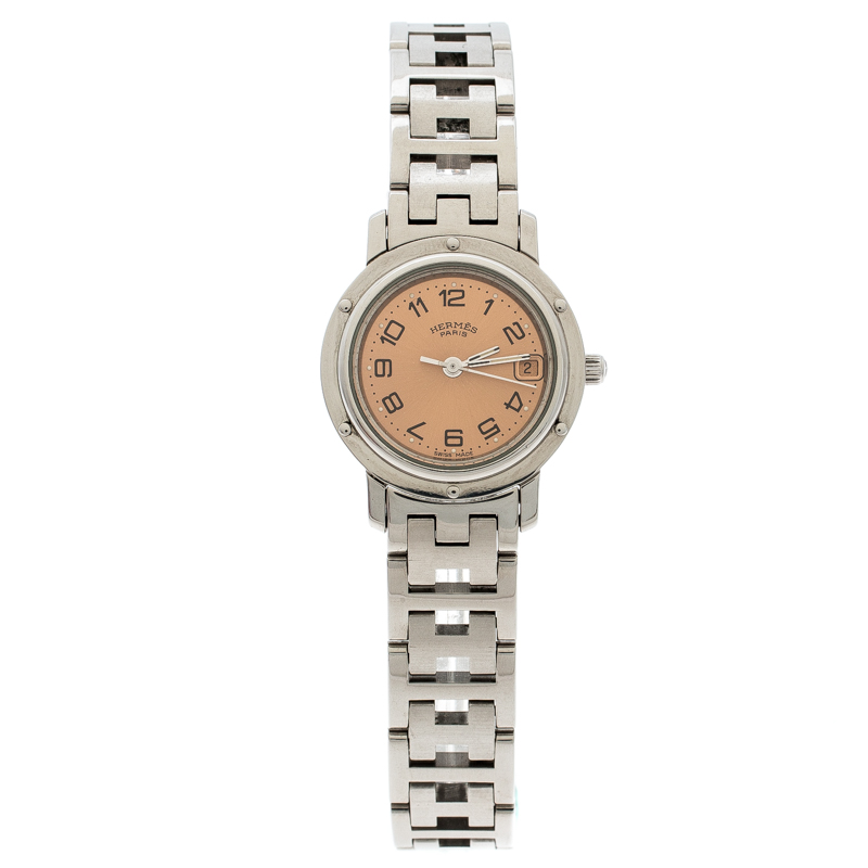Pre Owned Hermes Pink Stainless Steel Clipper CL4.210 Women's Wristwatch 24MM