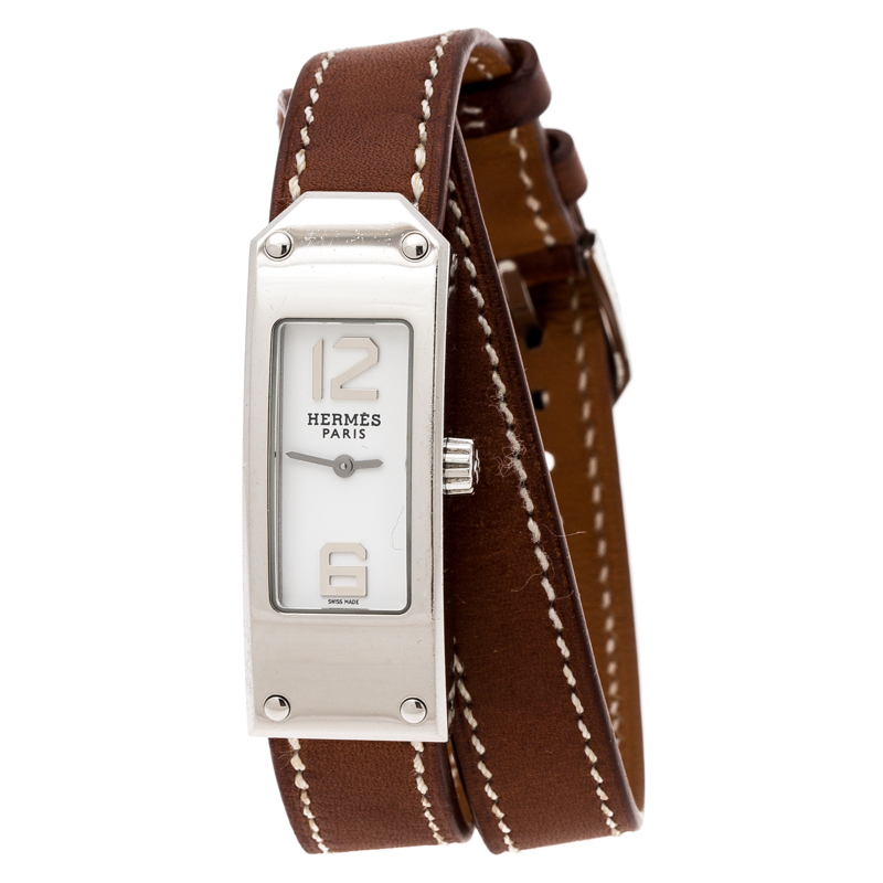 Pre Owned Hermes White Stainless Steel Kelly 2 Double Tour KT1.210 Women's Wristwatch 15 mm