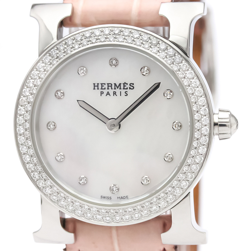 

Hermes White Shell Diamond Stainless Steel and Leather HR1.230 Women's Wristwatch