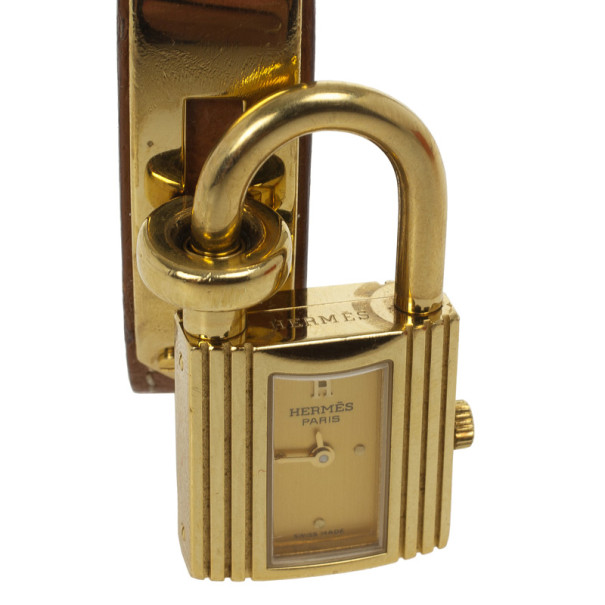 Pre Owned Hermes Brown Gold Plated SS Leather Womens Wristwatch 20 MM