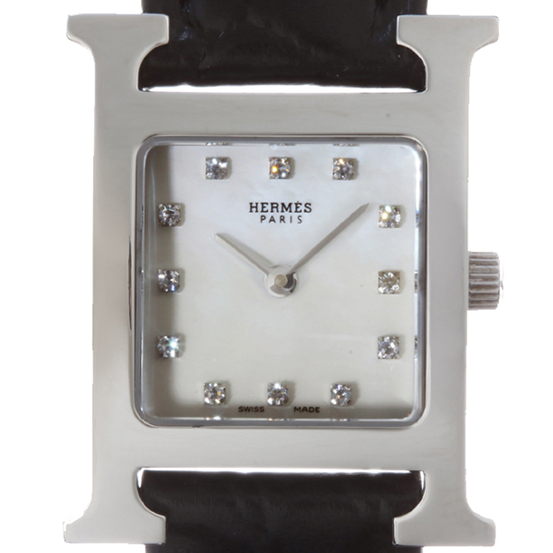 

Hermes MOP Stainless Steel and Leather Diamond H Hh1.210 Women's Wristwatch, White