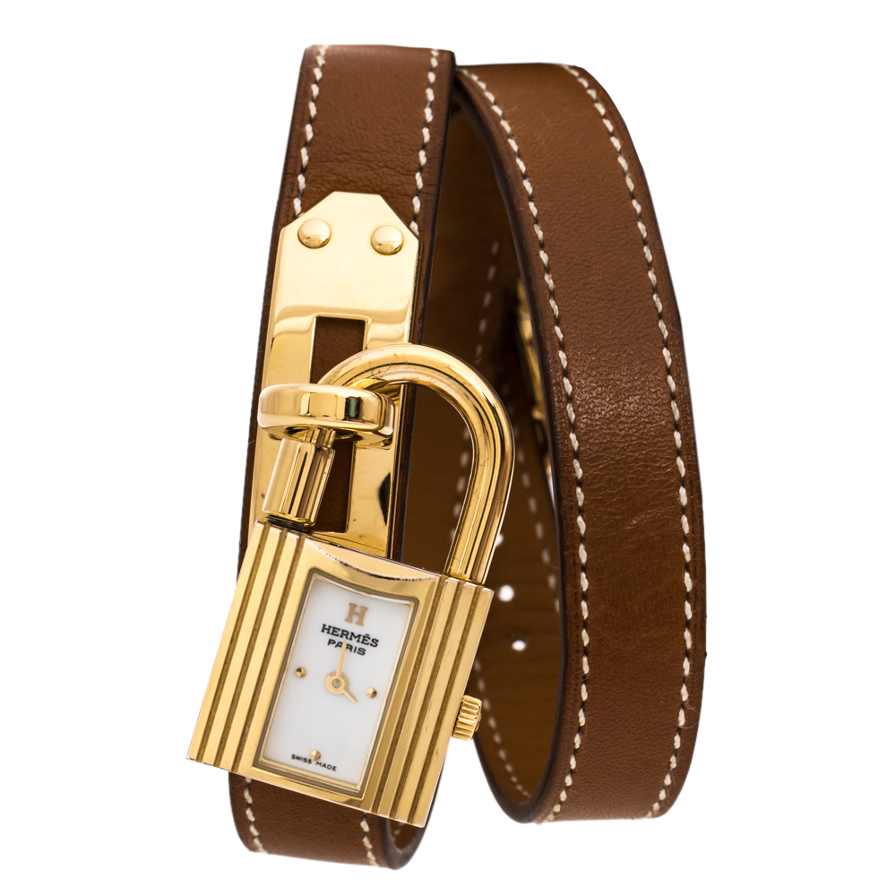 Hermes White Dial Yellow Gold Plated Kelly KE1.201 Women's Wristwatch 20 mm