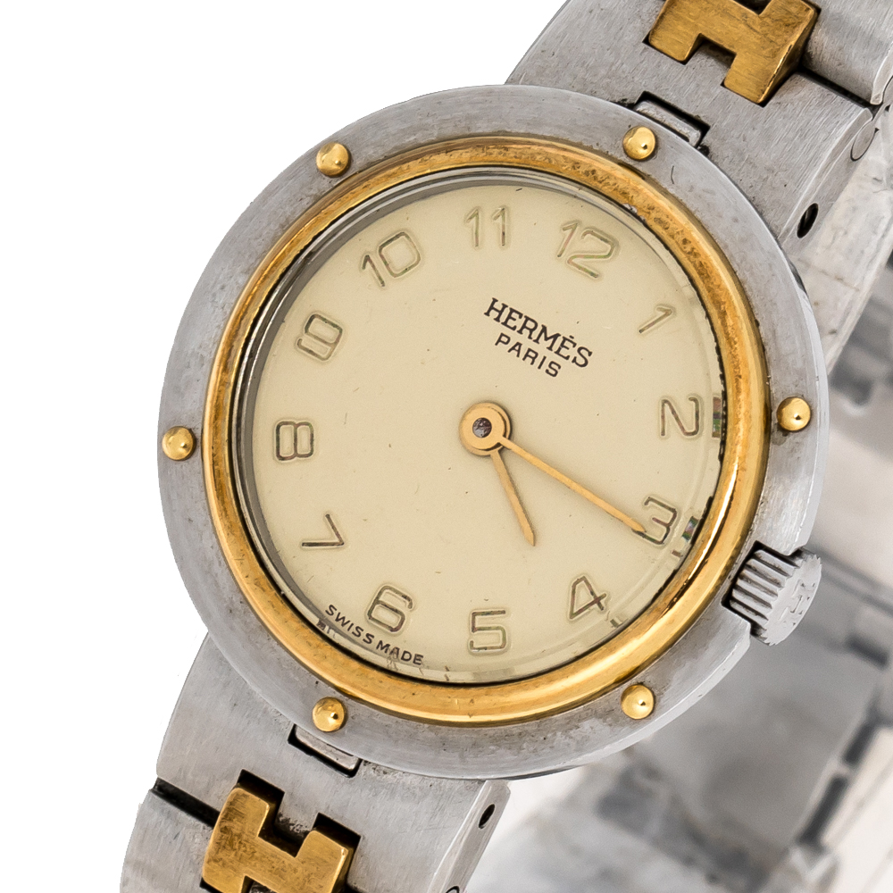 

Hermes Beige Two-Tone Stainless Steel Clipper Women's Wristwatch, Silver