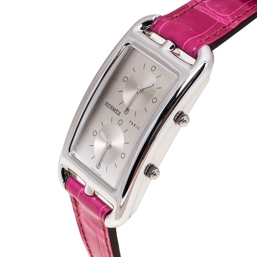 

Hermes Silver Stainless Steel Alligator Leather Cape Cod Deux Time CC3.510 Women's Wristwatch, Pink