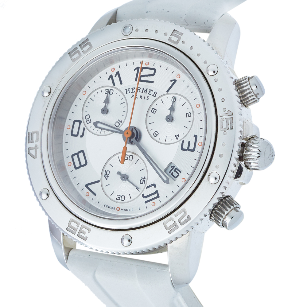 

Hermes Silver Stainless Steel & Rubber Clipper Chronograph CP2.410 Unisex Wristwatch