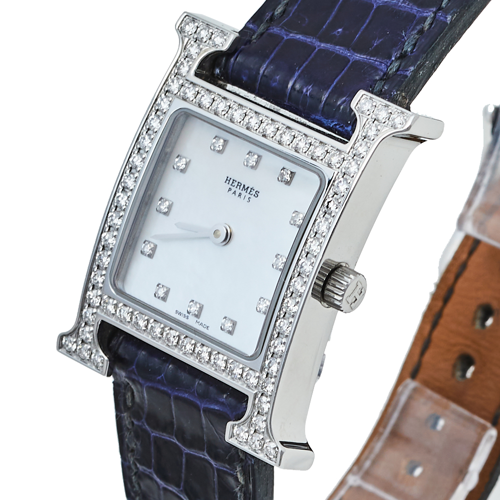 

Hermes Mother Of Pearl Stainless Steel Diamonds H Hour HH1.230 Women's Wristwatch, White