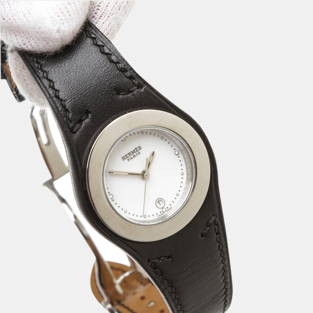 

Hermes Stainless Steel Black Leather Harnais Watch, White