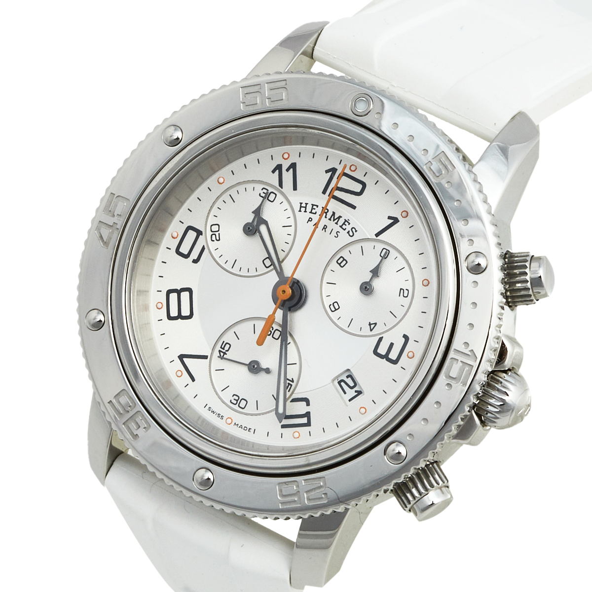 

Hermes Silver Stainless Steel Rubber Clipper CP2.410 Women's Wristwatch