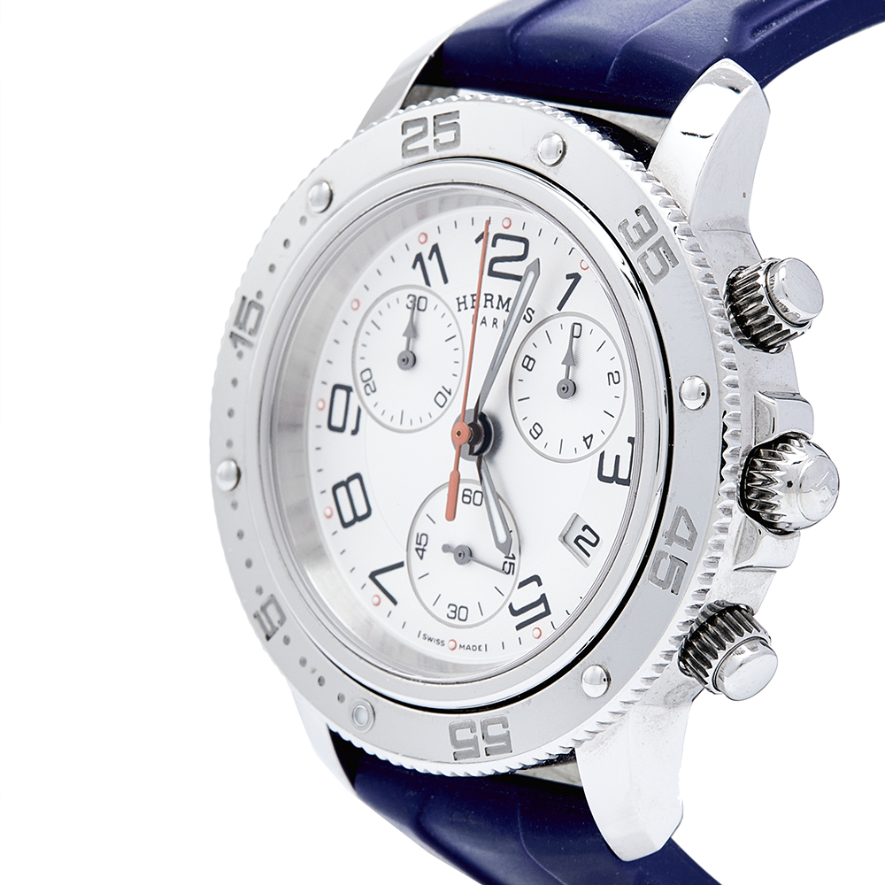 

Hermes Silver Stainless Steel Rubber Clipper CP2.410 Women's Wristwatch