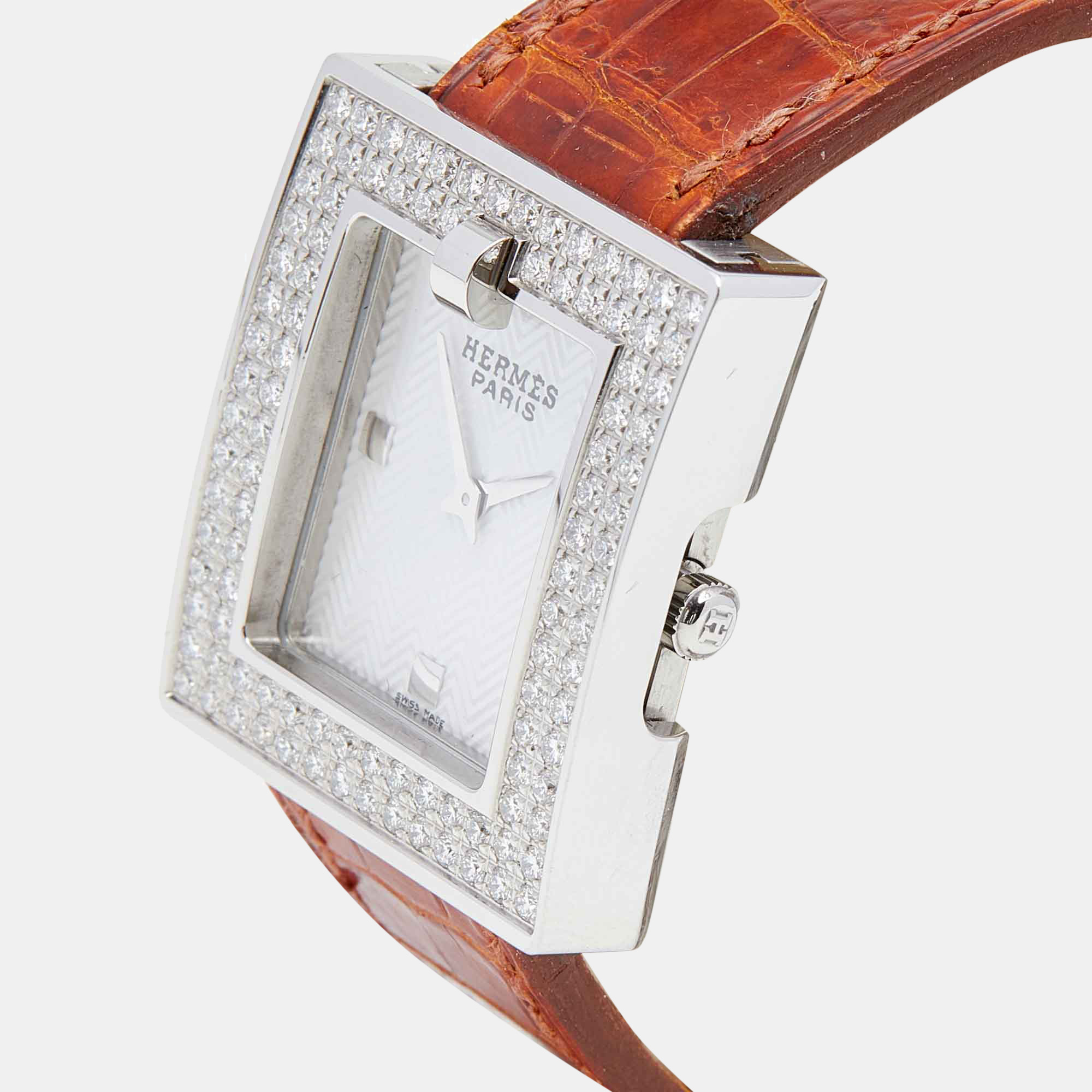 

Hermes White Stainless Steel Diamond Alligator Belt BE1.230 Women's Wristwatch