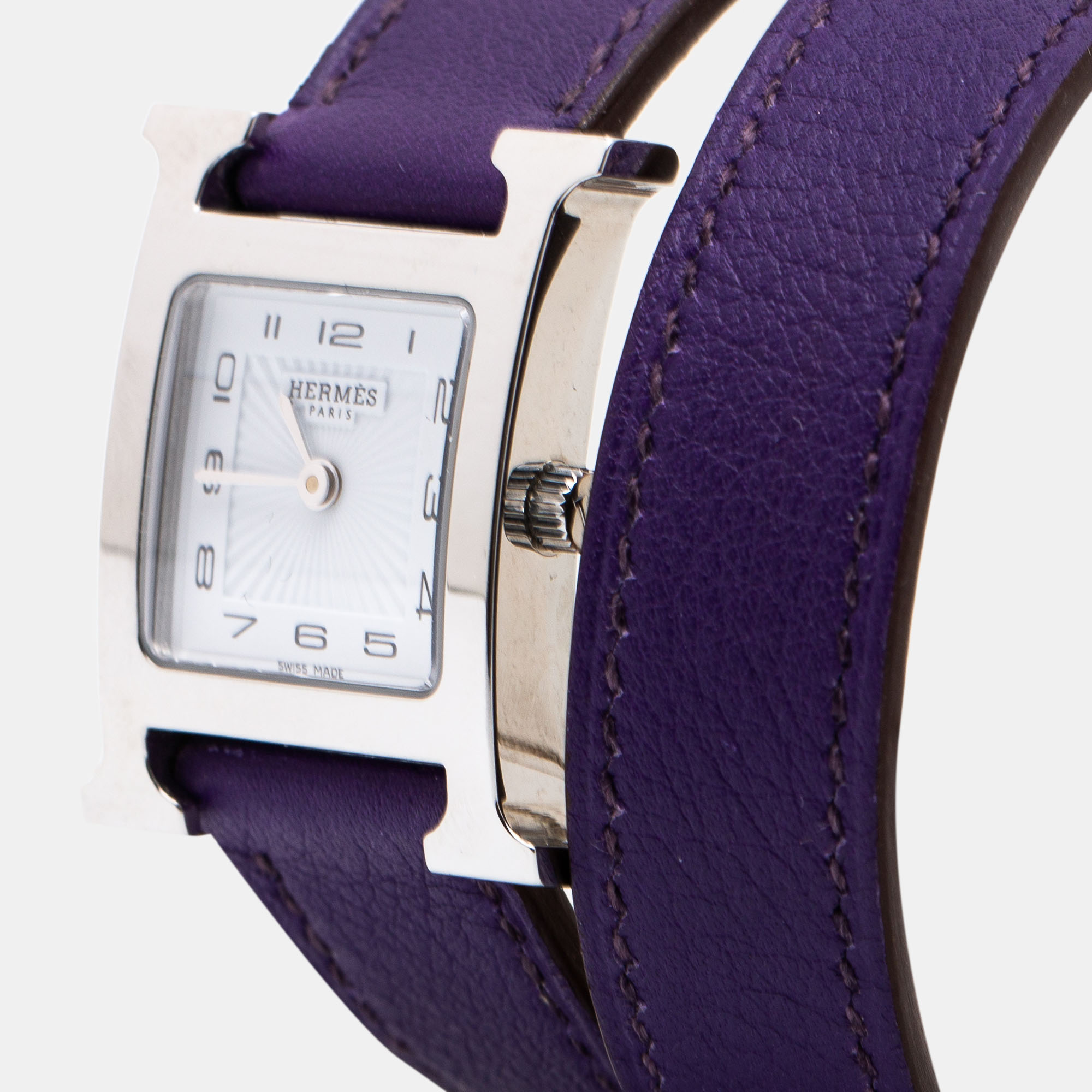 

Hermes White Stainless Steel Leather Heure H HH1.210 Women's Wristwatch, Purple