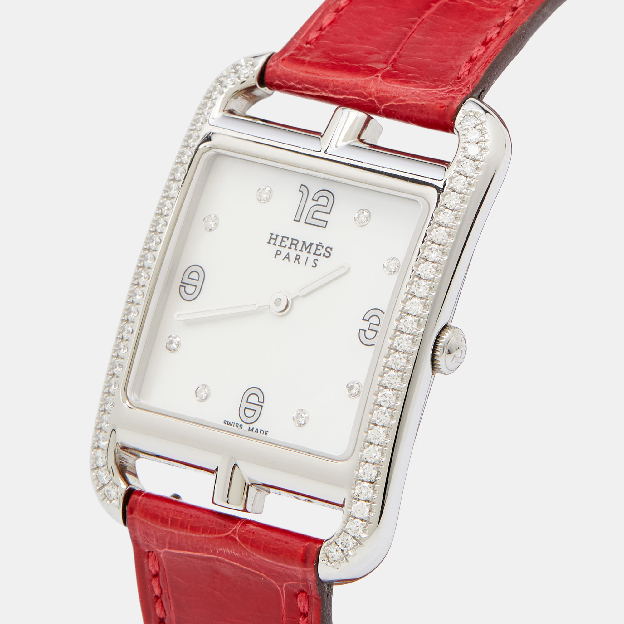 

Hermes Mother Of Pearl Stainless Steel Diamond Alligator Leather Cape Cod W044213WW00 Women's Wristwatch, Red