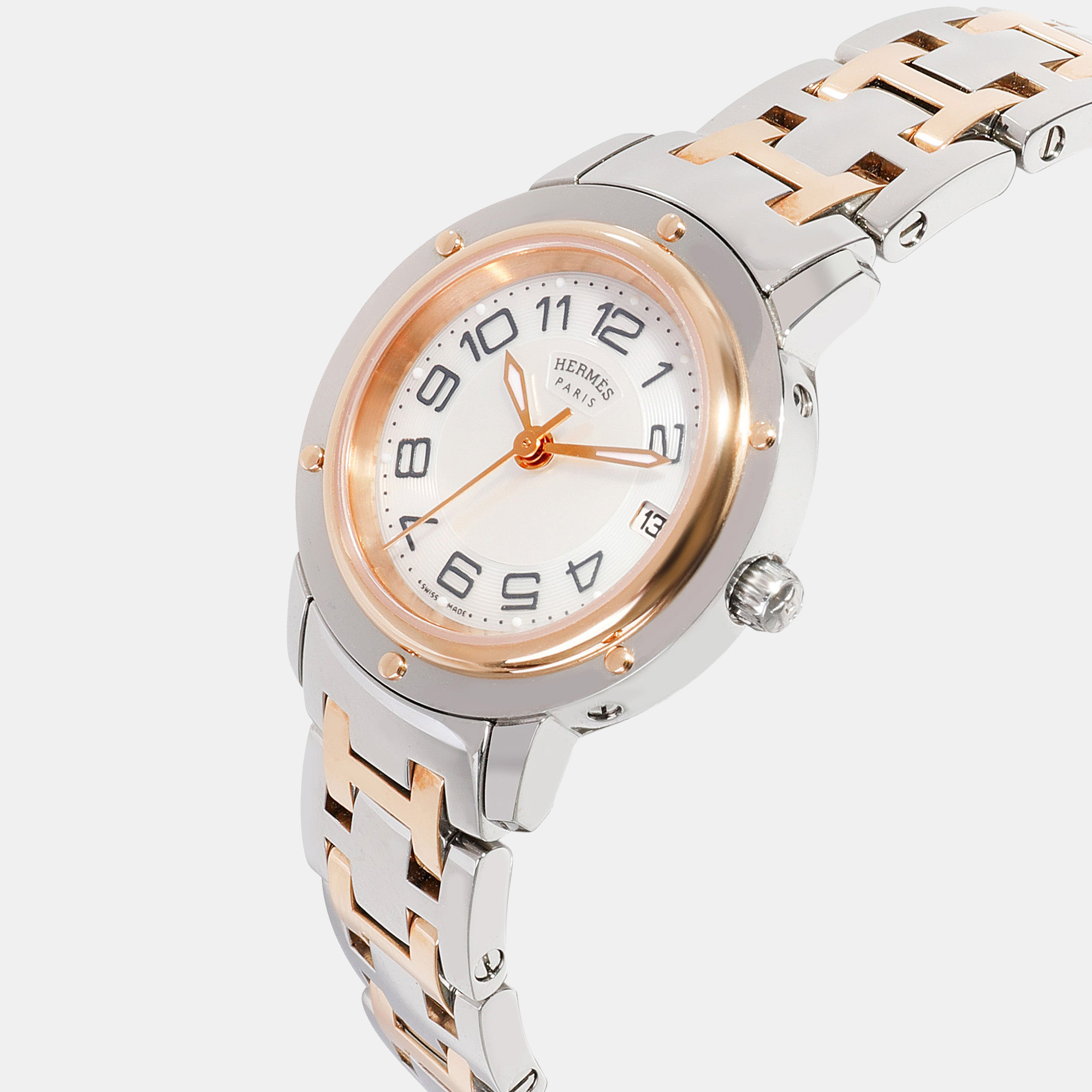 

Hermes Silver Yellow Gold Plated Stainless Steel Clipper CP1.221.212.4970 Women's Wristwatch, White
