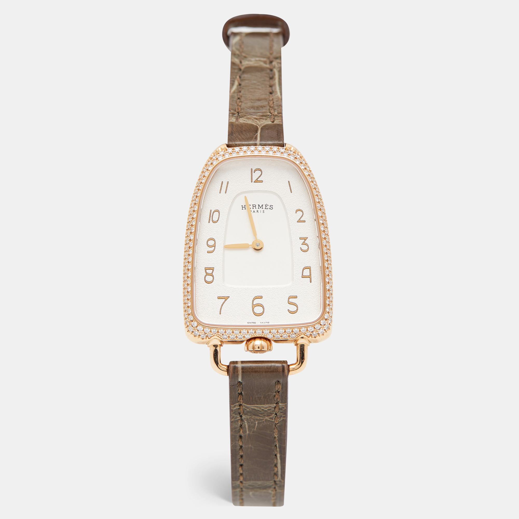 Hermes White 18k Rose Gold Diamond Alligator Galop d'Hermès GA1.271 Women's Wristwatch 26 mm