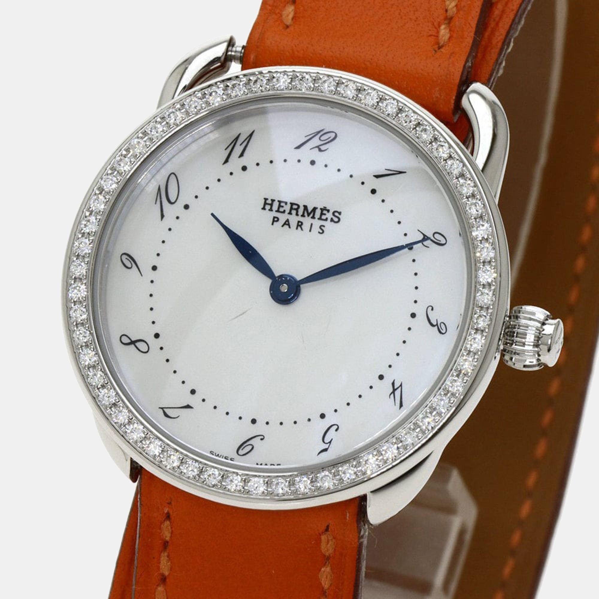 

Hermes MOP Diamonds Stainless Steel Arceau AR5.230 Quartz Women's Wristwatch 28 mm, White