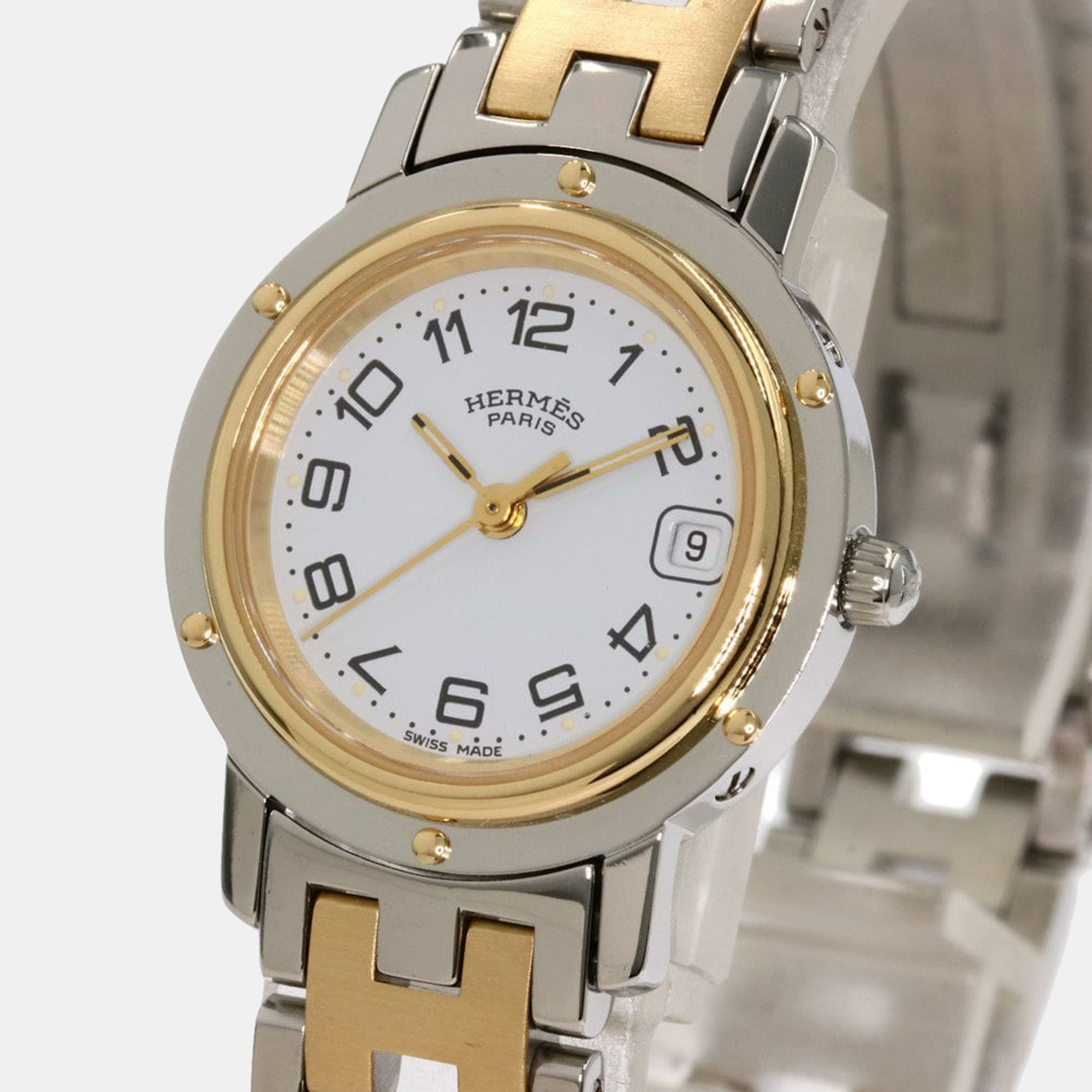 

Hermes Silver Yellow Gold Plated Stainless Steel Clipper CL4.210 Quartz Women's Wristwatch 24 mm