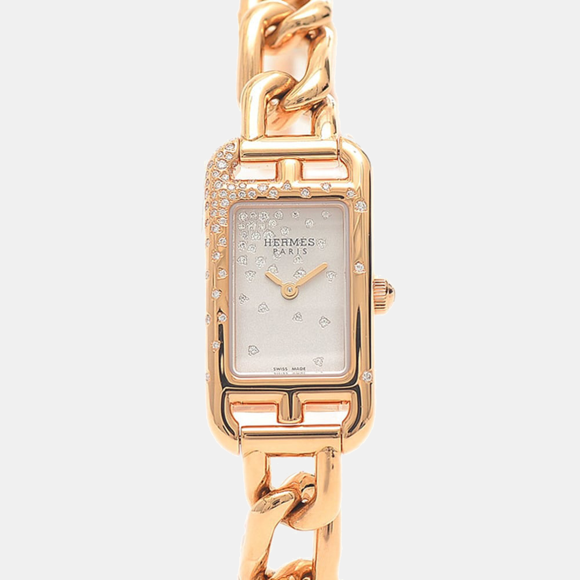 Pre-owned Hermes White Diamonds 18k Rose Gold Nantucket Na2.172 Women's Wristwatch 17 Mm