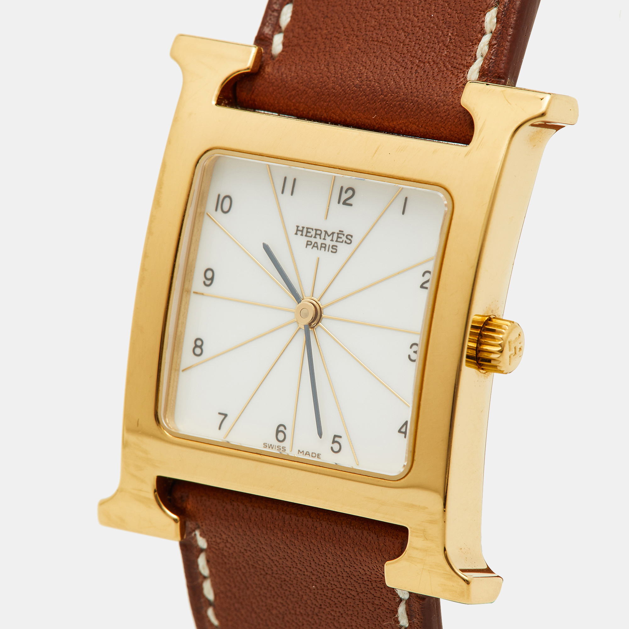 

Hermes White Dial Yellow Gold Plated Stainless Steel Leather Heure H HH1.501 Women's Wristwatch, Tan