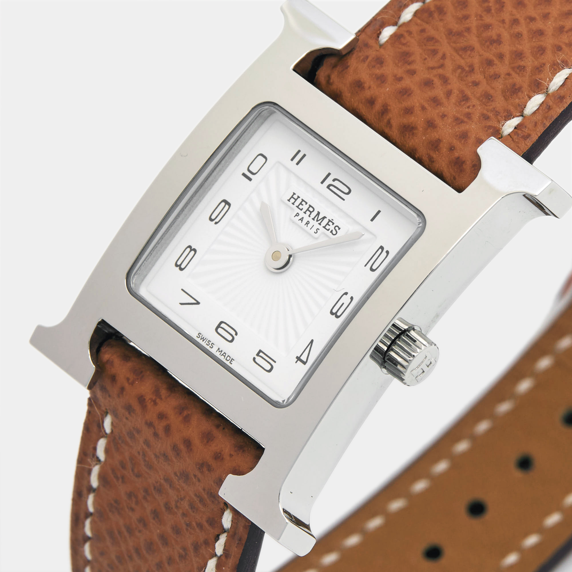 

Hermes White Stainless Steel Calfskin Leather Heure H, Brown