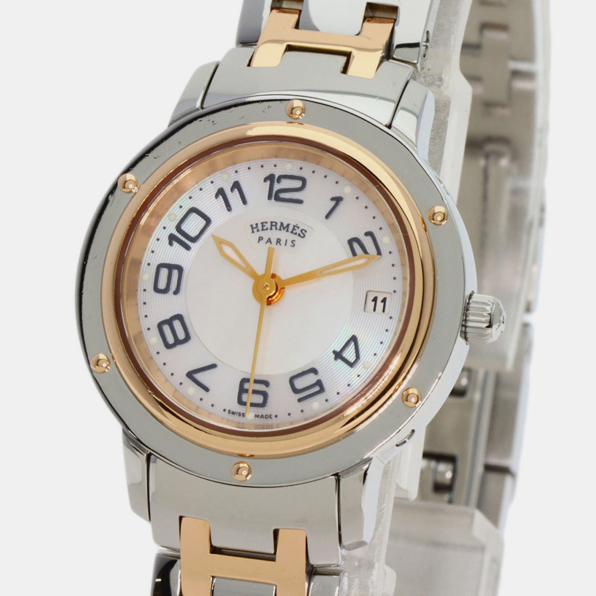 

Hermes White Shell Rose Gold Plated And Stainless Steel Clipper CP1.221 Quartz Women's Wristwatch