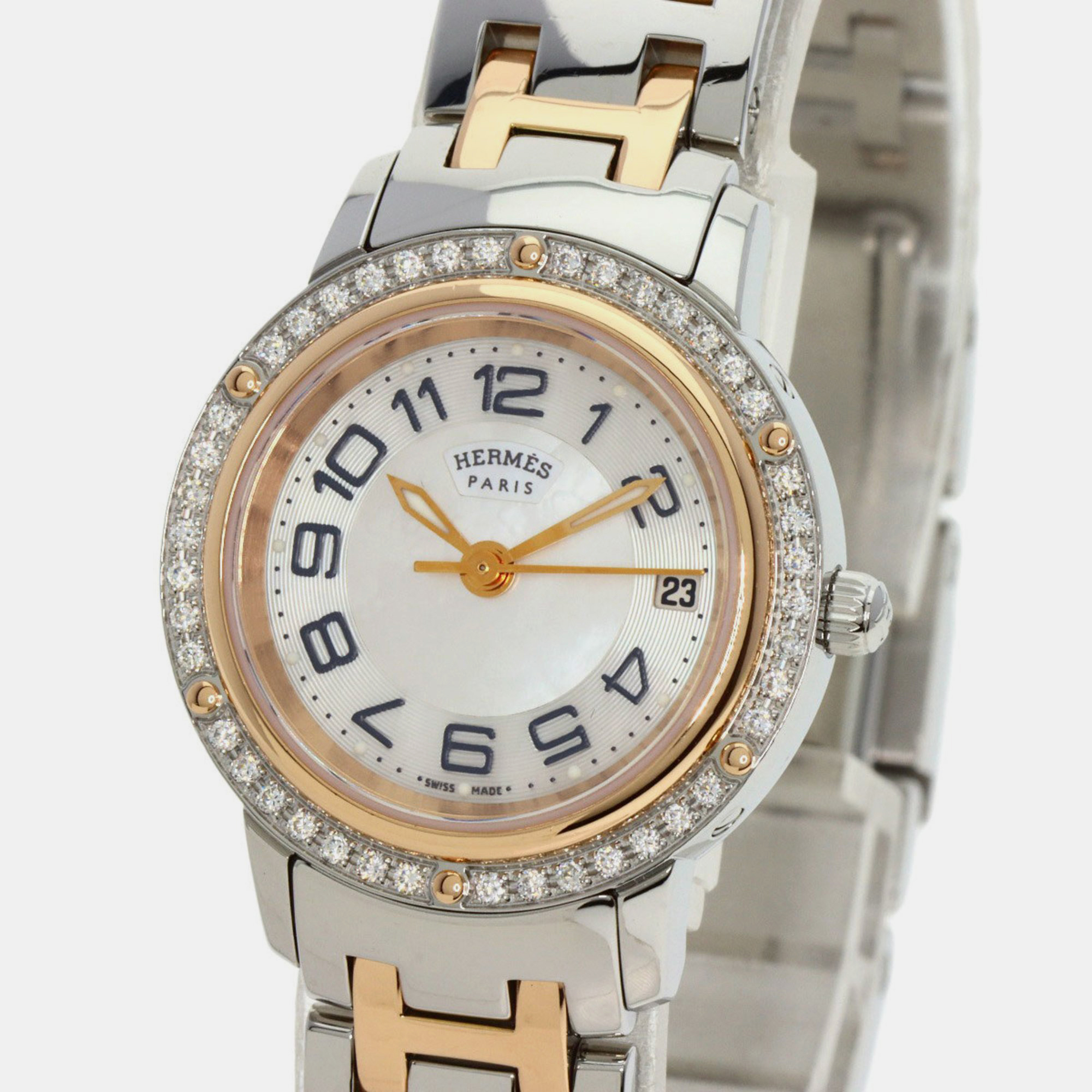 

Hermes White Rose Gold Plated And Stainless Steel Diamond Clipper CP1.222 Quartz Women's Wristwatch 24 mm