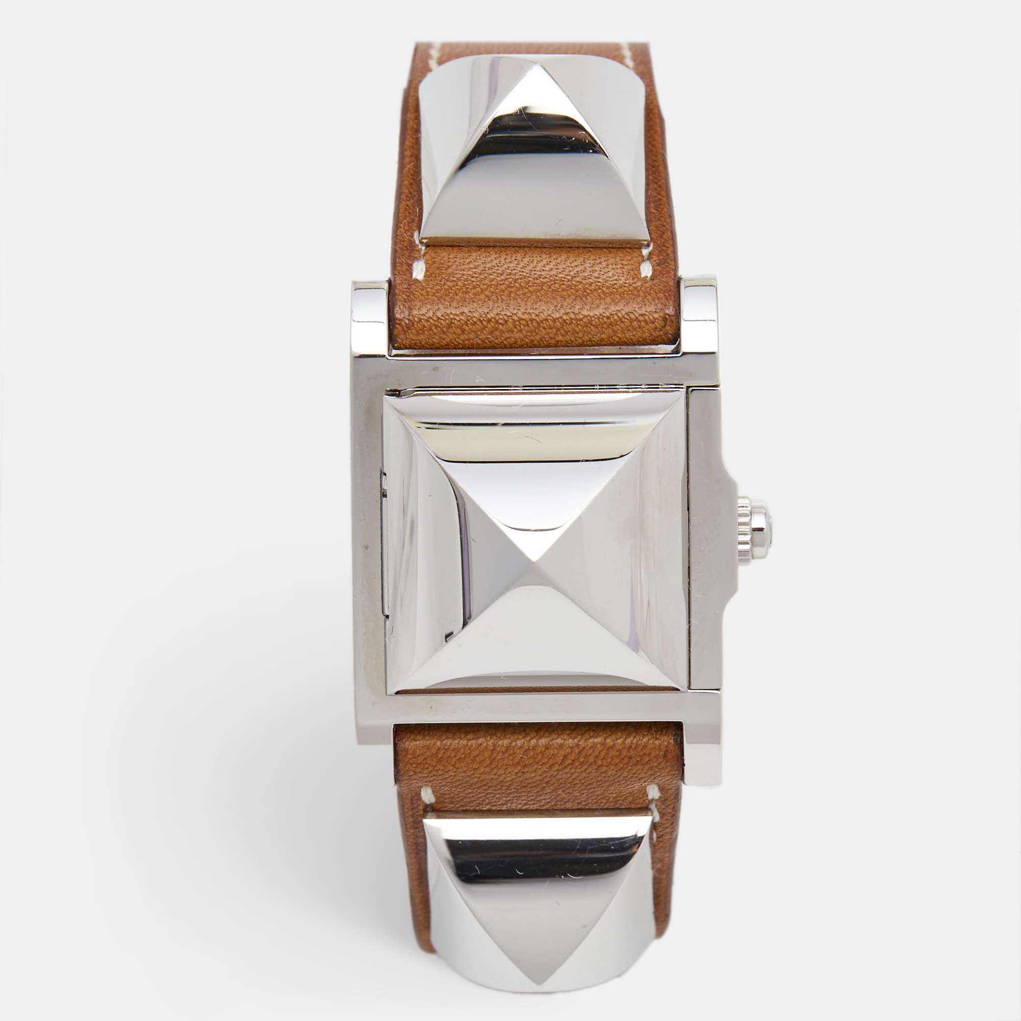 

Hermes Silver Stainless Steel Leather Medor W028321WW00 Women's Wristwatch, Brown