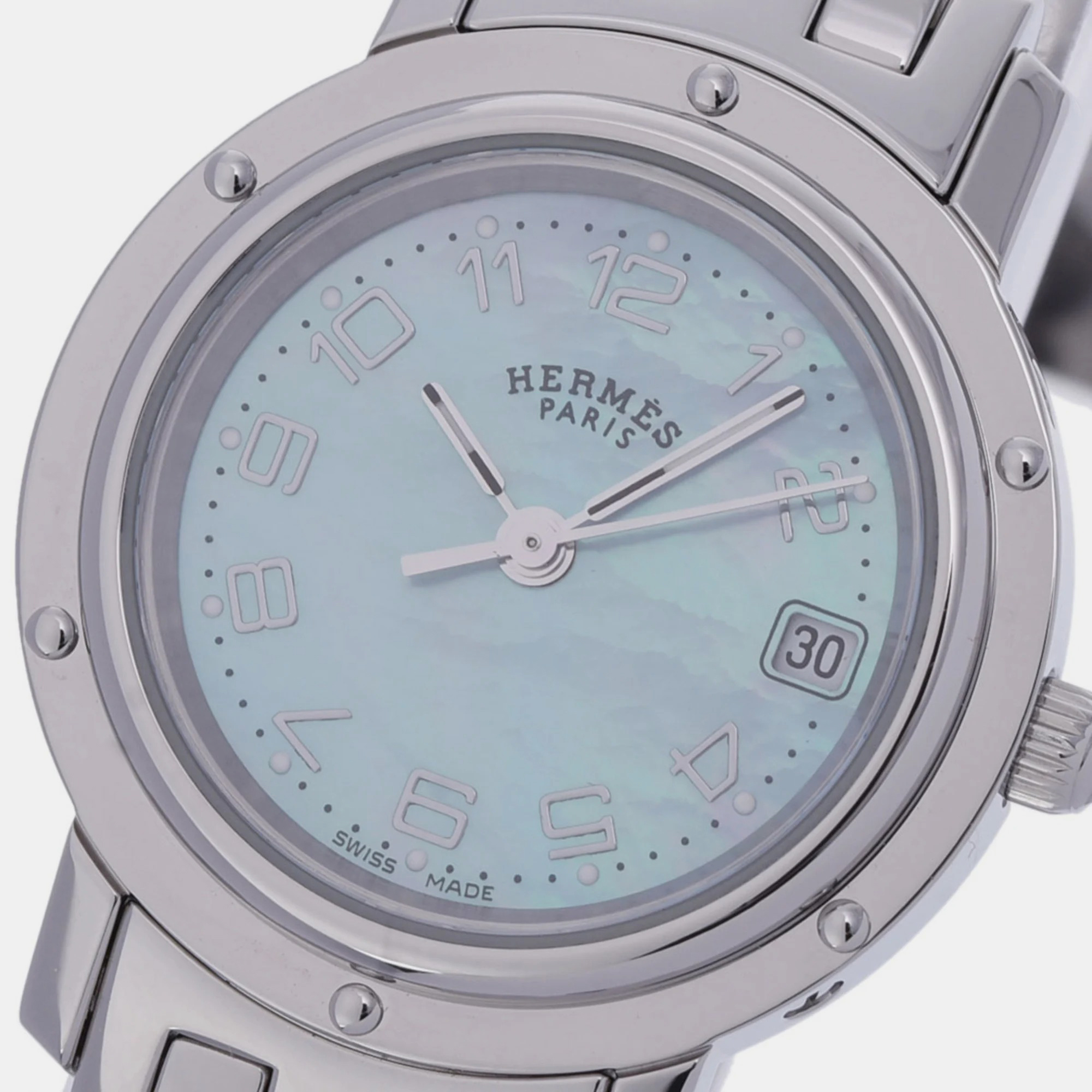

Hermes Blue Shell Stainless Steel Clipper CL4.210 Quartz Women's Wristwatch 24 mm