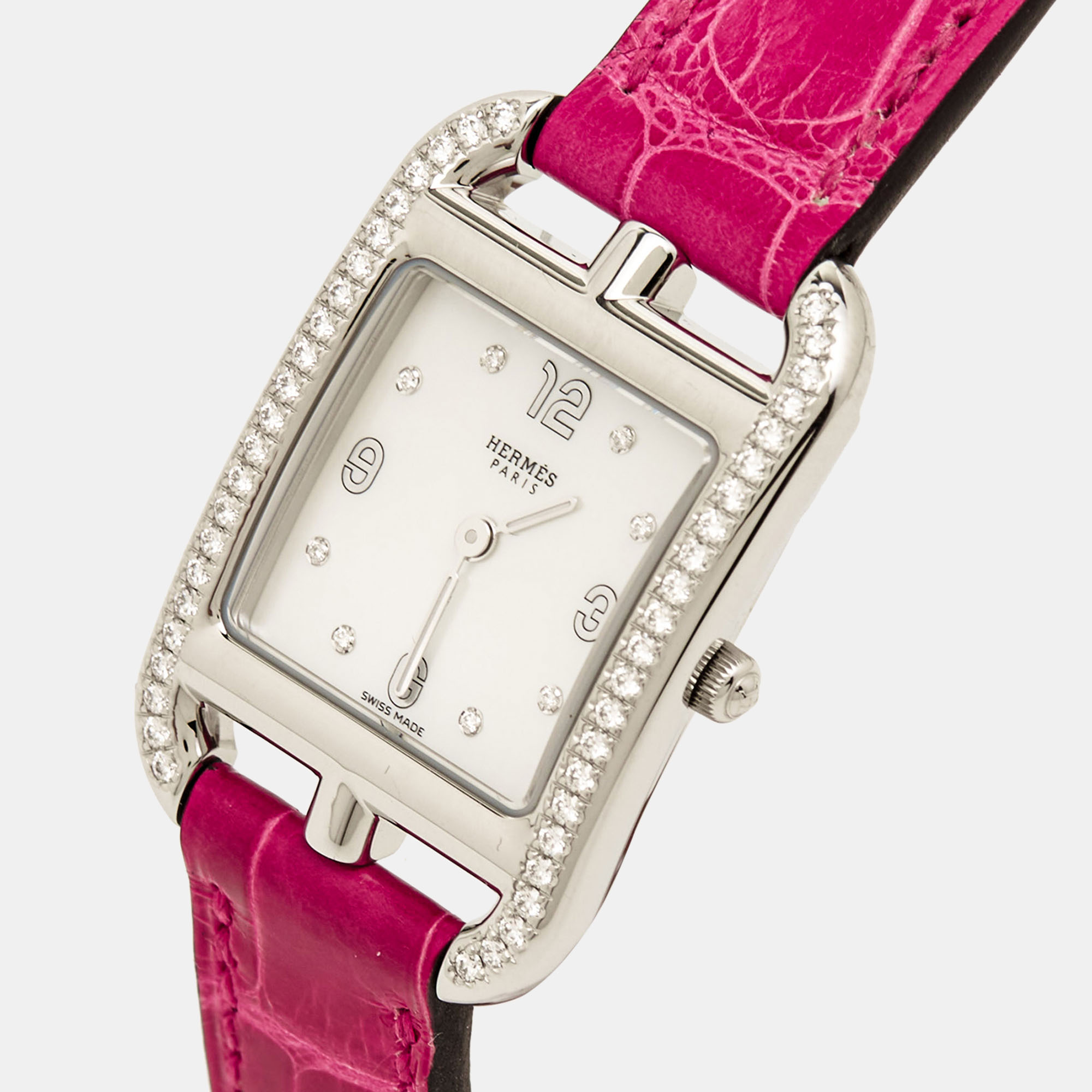 

Hermes Mother Of Pearl Diamond Stainless Steel Alligator Leather Cape Cod CC1.232 Women's Wristwatch, Pink
