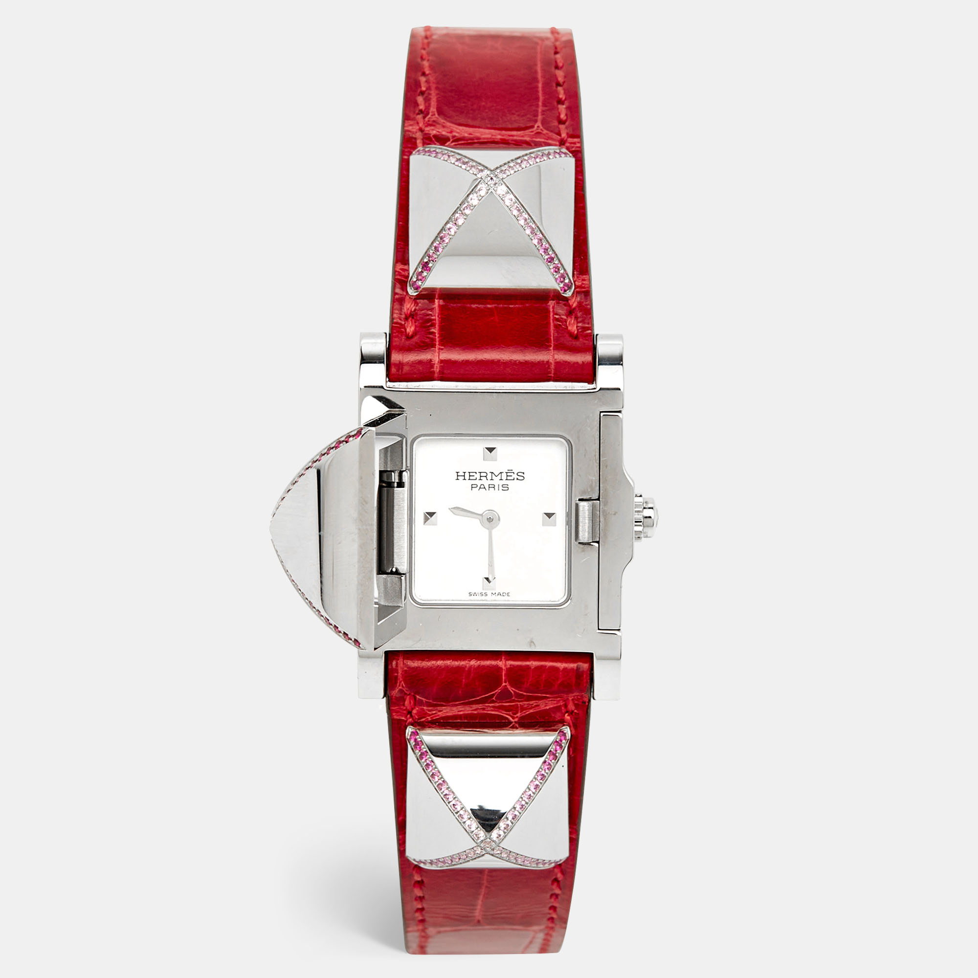 Pre-owned Hermes Silver Stainless Steel Alligator Leather Pink Sapphire Medor Me3.234 Women's Wristwatch 23 Mm In Red