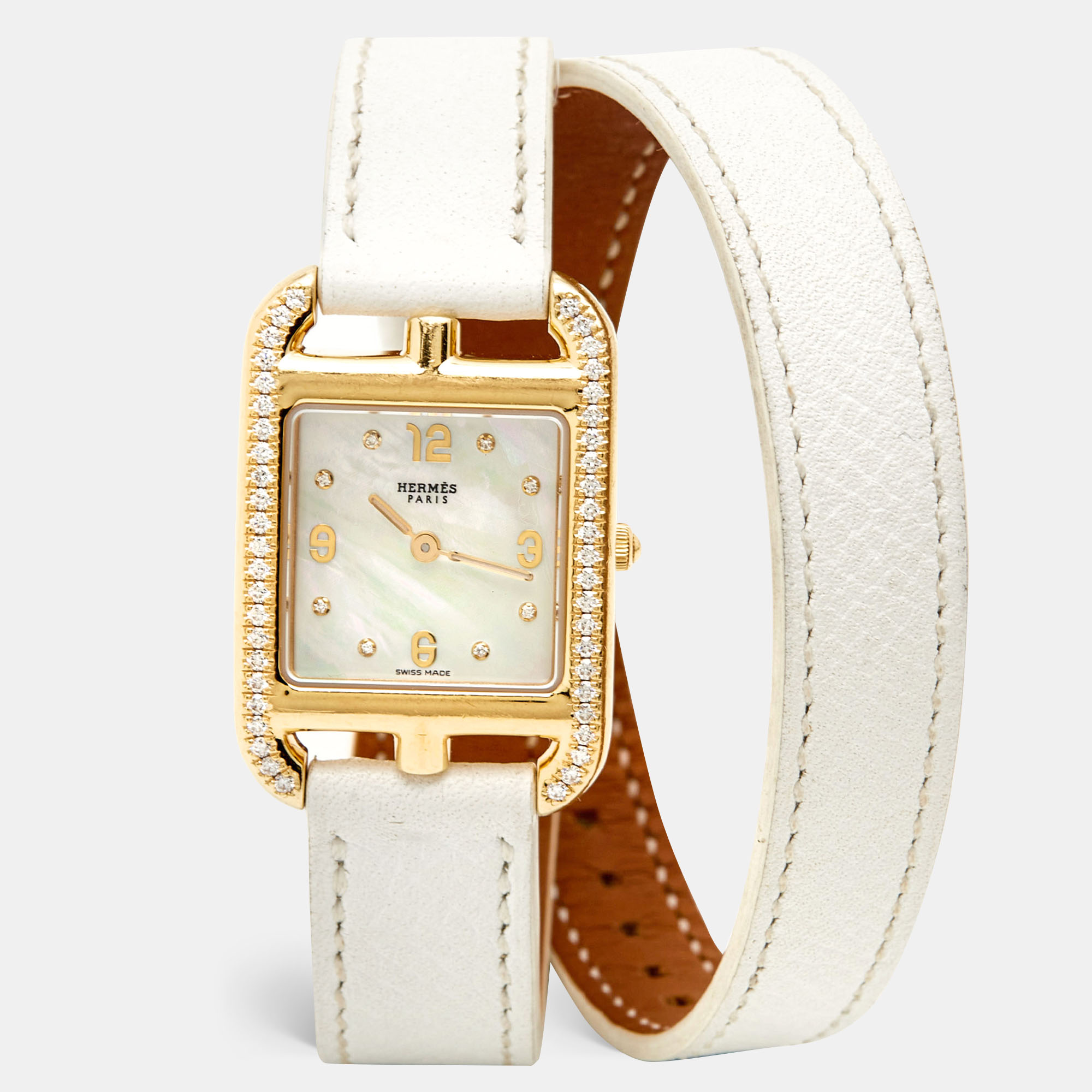 Pre-owned Hermes Mother Of Pearl Diamond 18k Yellow Gold Leather Cape Cod Cc1.286 Women's Wristwatch 23 Mm In White