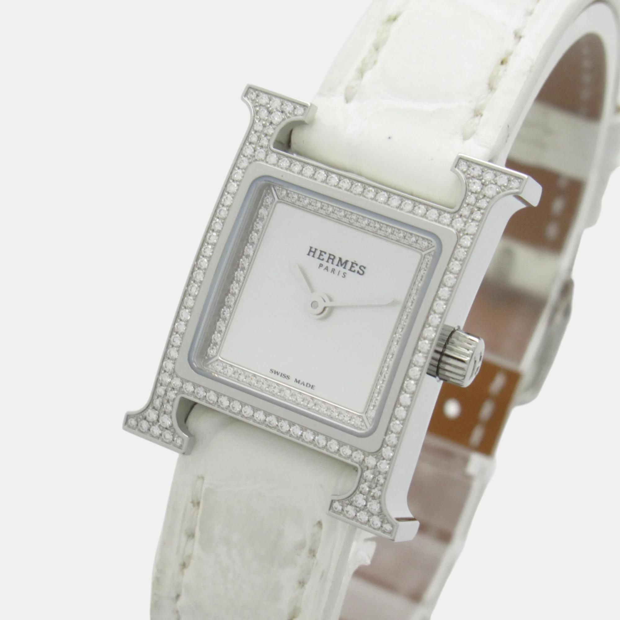 

Hermes Silver Stainless Steel and Mini Diamond Women's Wristwatch 17 mm x 24 mm, White