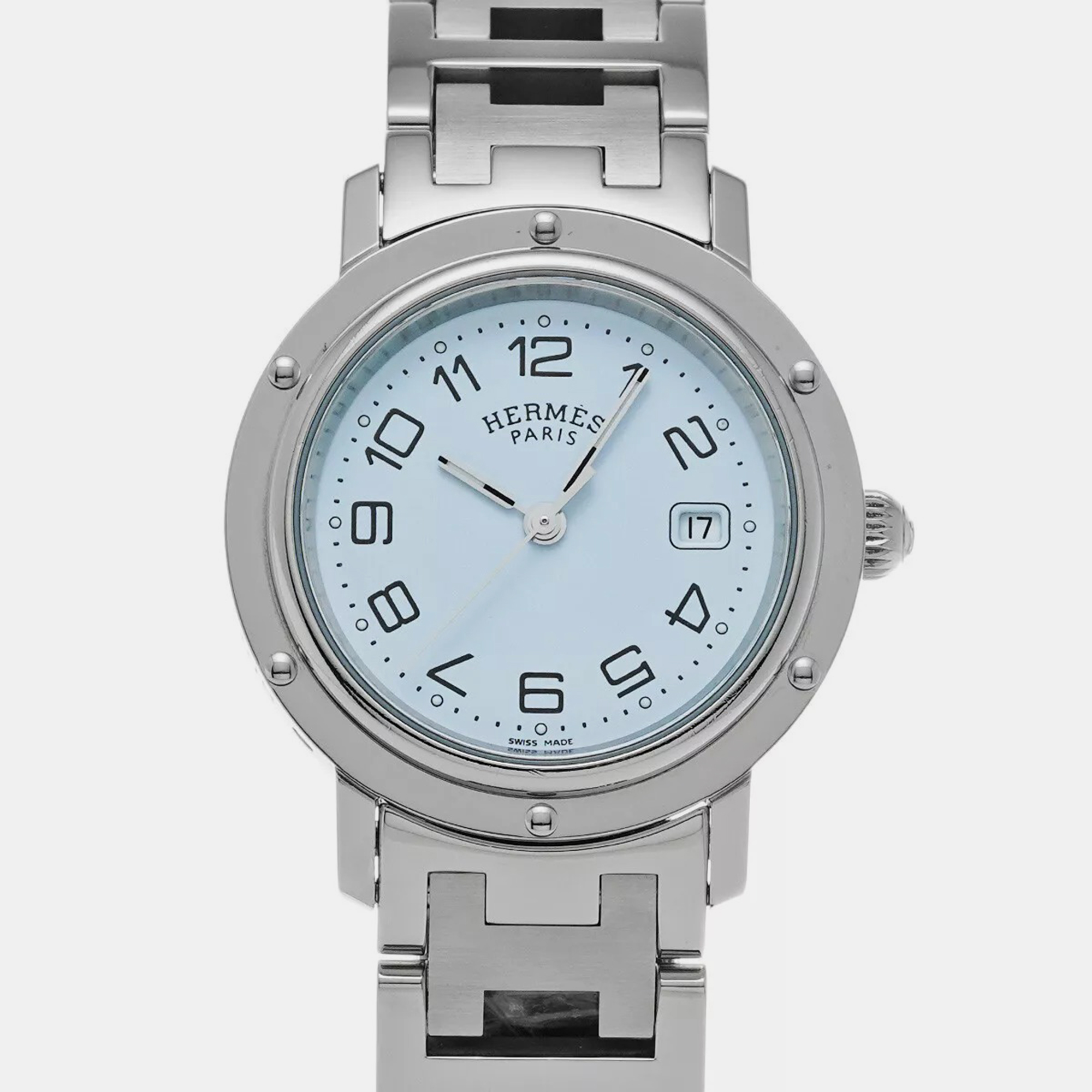 Pre-owned Hermes White Stainless Steel Clipper Cl6.410 Quartz Women's Wristwatch 31 Mm