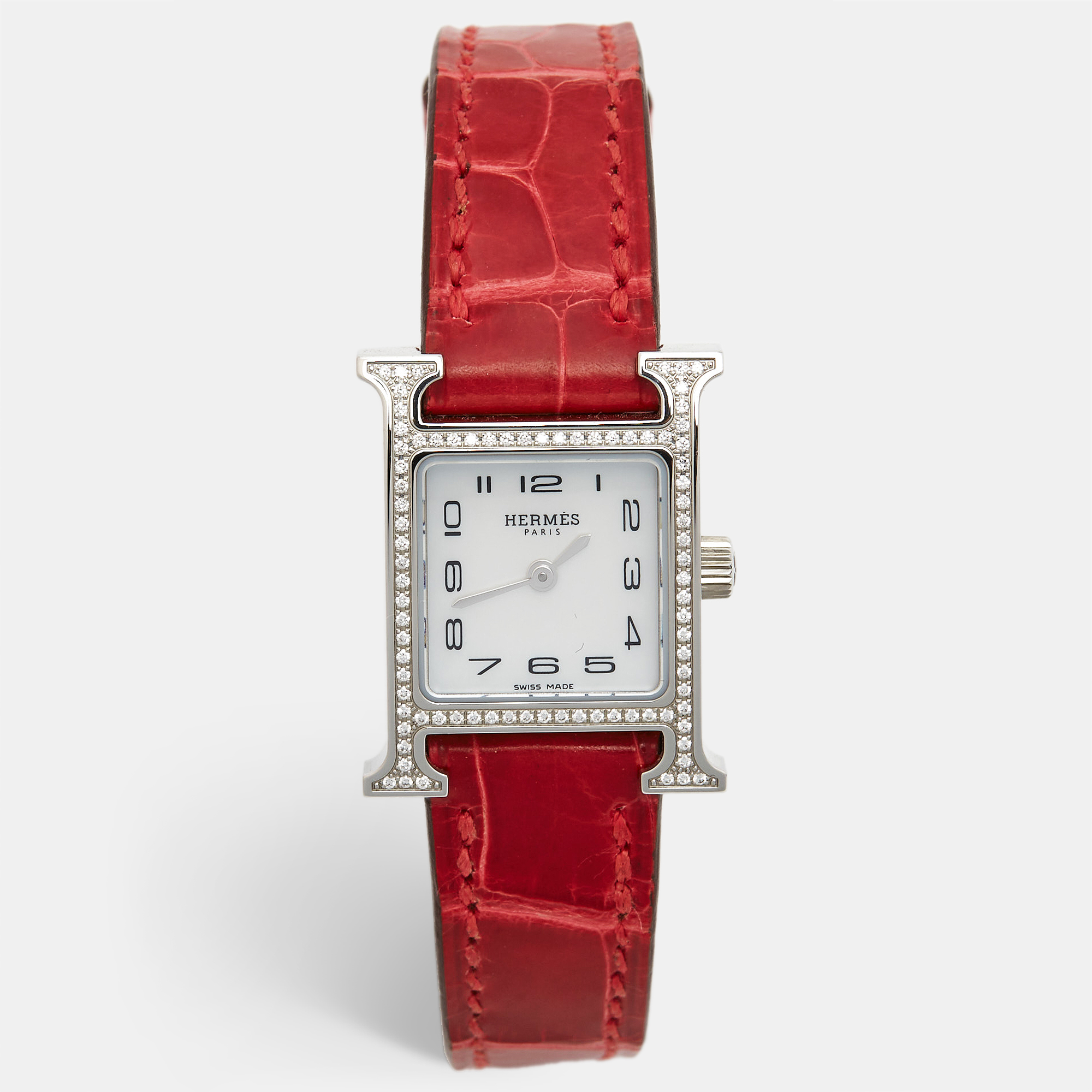 

Hermès Mother of Pearl Stainless Steel Diamond Alligator Heure H Mini HH1.131 Women's Wristwatch, White