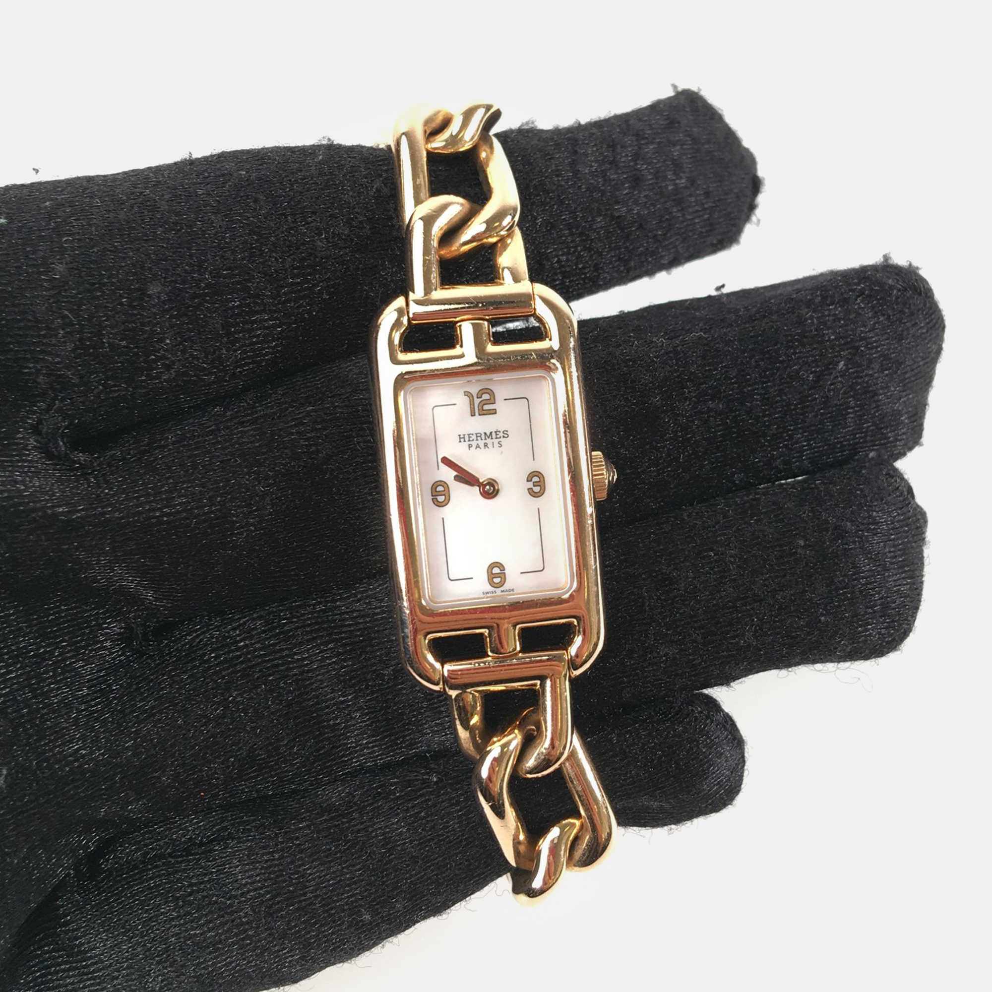 Pre-owned Hermes 18k Rose Gold Nantucket Mother Of Pearl Watch 16 Mm In White