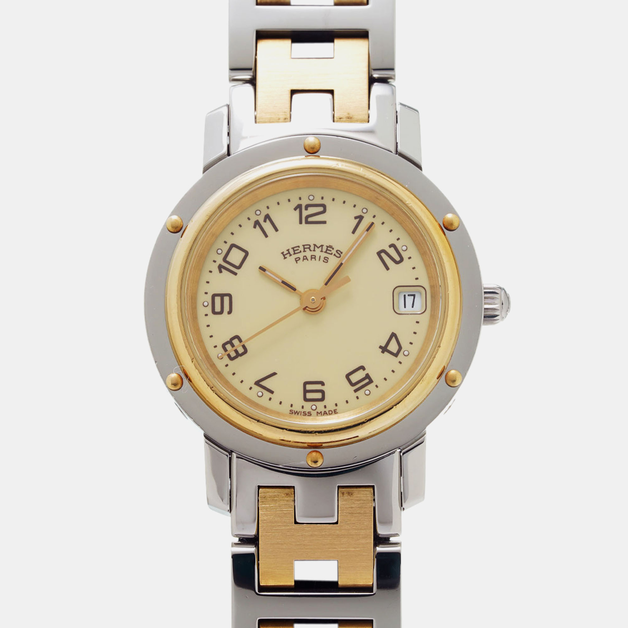 

Hermes White 18k Yellow Gold Plated Stainless Steel Clipper CL4.220 Quartz Women's Wristwatch 24 mm