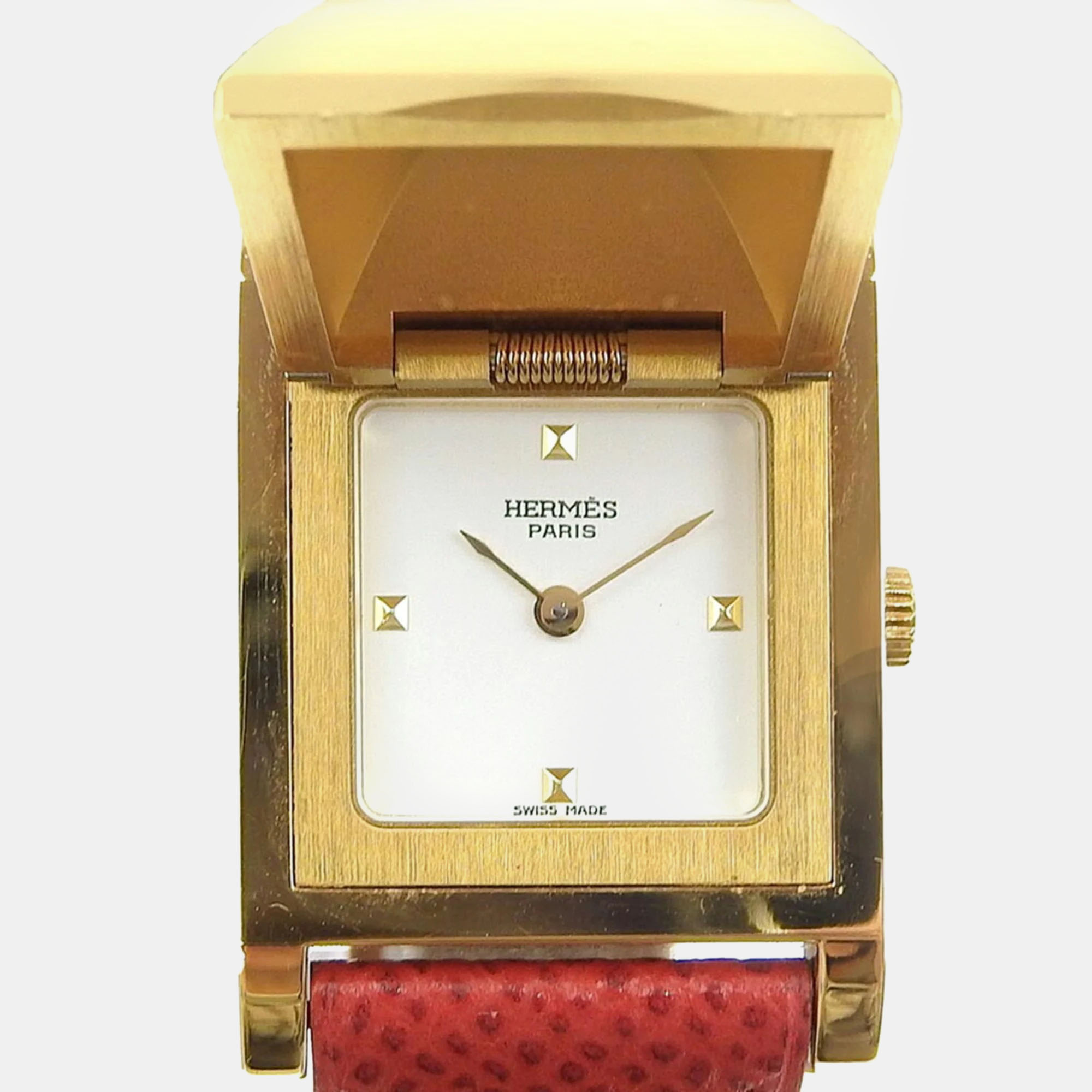 

Hermes Gold/Red Gold Plated and Leather Medor Quartz Women's Wristwatch 16 mm, White
