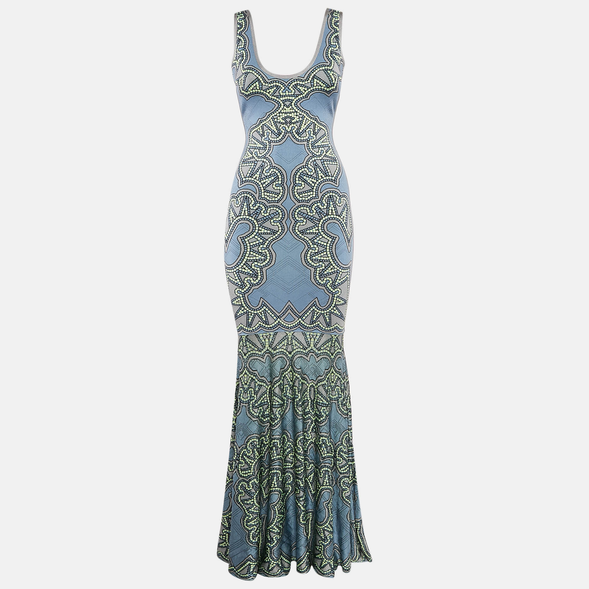 

Herve Leger by Max Azria Blue Jacquard Knit Sleeveless Maxi Dress S